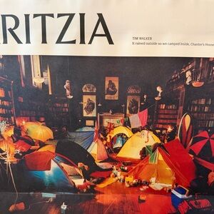 Aritzia Colorful Tent Gathering Art Poster - Orange, Red, Yellow, Blue, Black